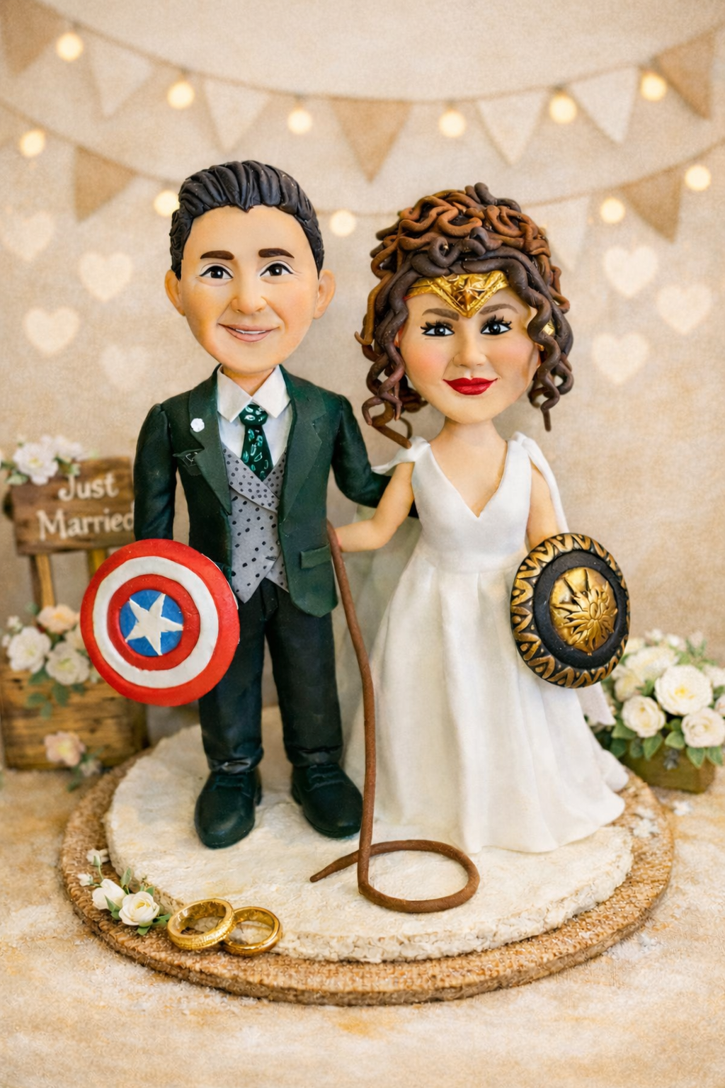 Figura personalizada de boda temática superhéroes hecha a mano con novios estilo caricatura