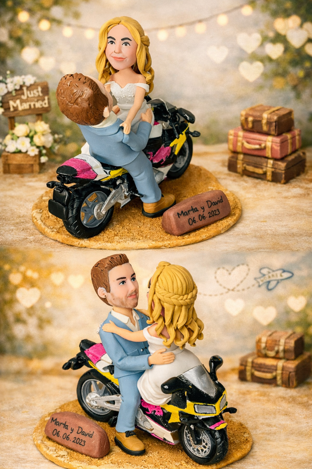 Figura personalizada de novios en moto estilo caricatura hecha a mano, topper de boda original para parejas amantes de las motos