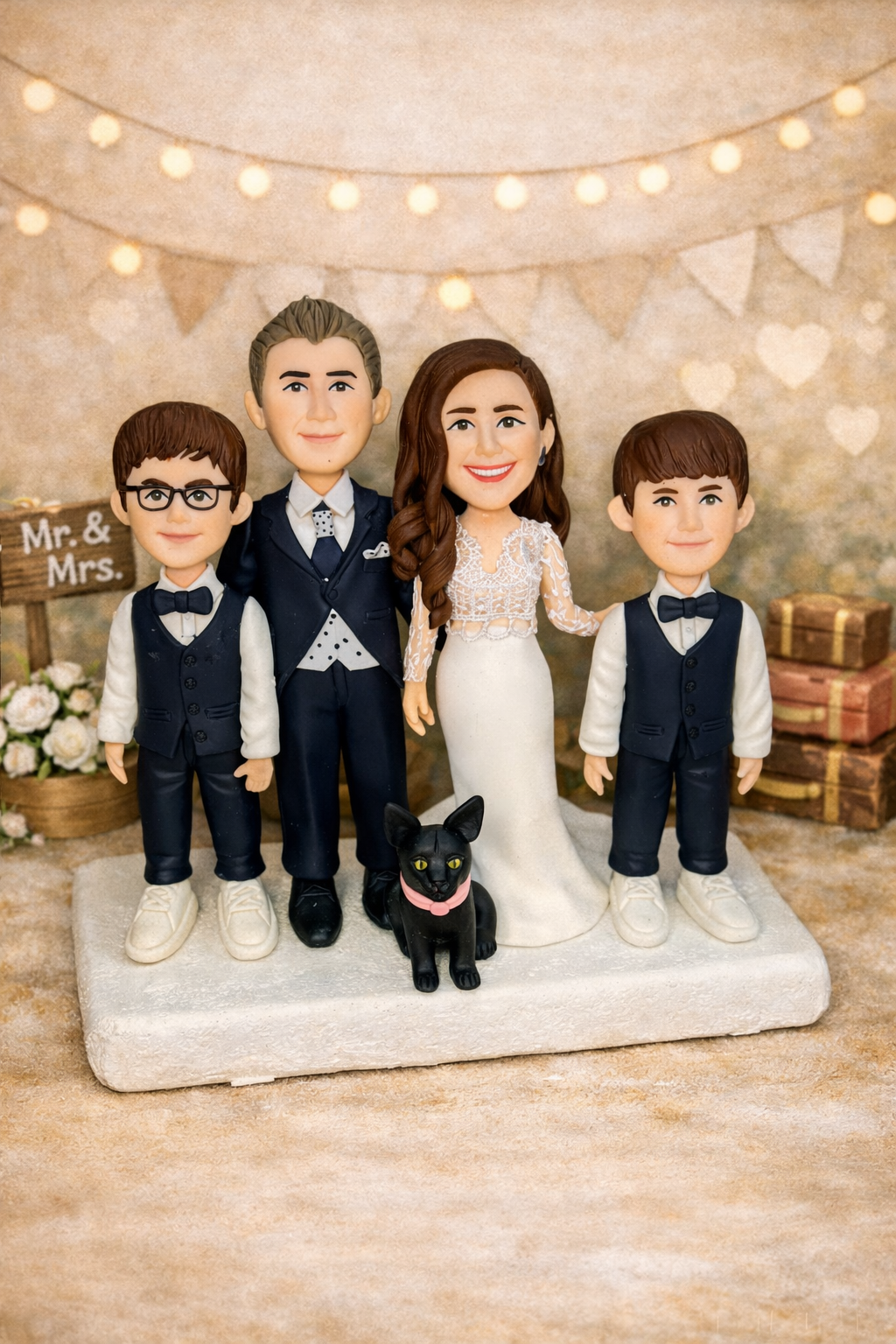 Figura personalizada de familia en boda con padres, hijos y gato mascota hecha a mano estilo caricatura