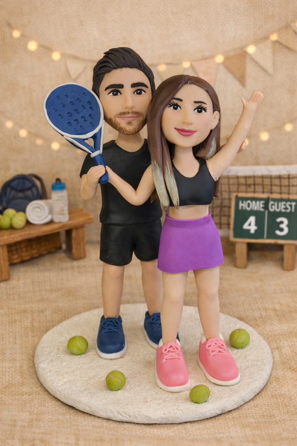 Figura personalizada de pareja jugando pádel creada a partir de fotografías reales con raquetas y temática deportiva como regalo personalizado original