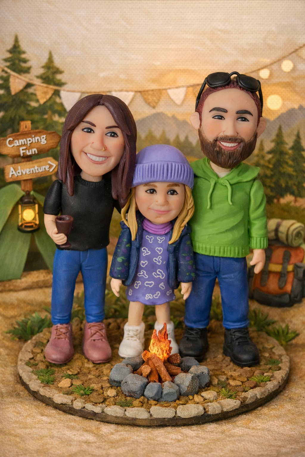 Figura personalizada familiar temática camping con pareja y niña alrededor de una fogata, caricatura hecha a mano inspirada en una aventura en la naturaleza
