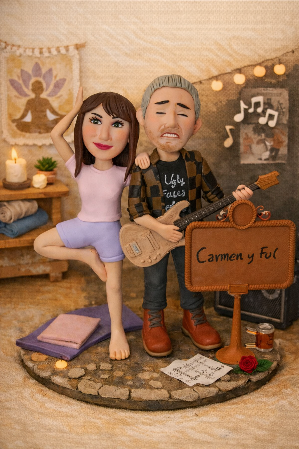 Figura personalizada de pareja con temática yoga y músico creada a partir de fotografías reales con postura de yoga y guitarra como regalo personalizado original