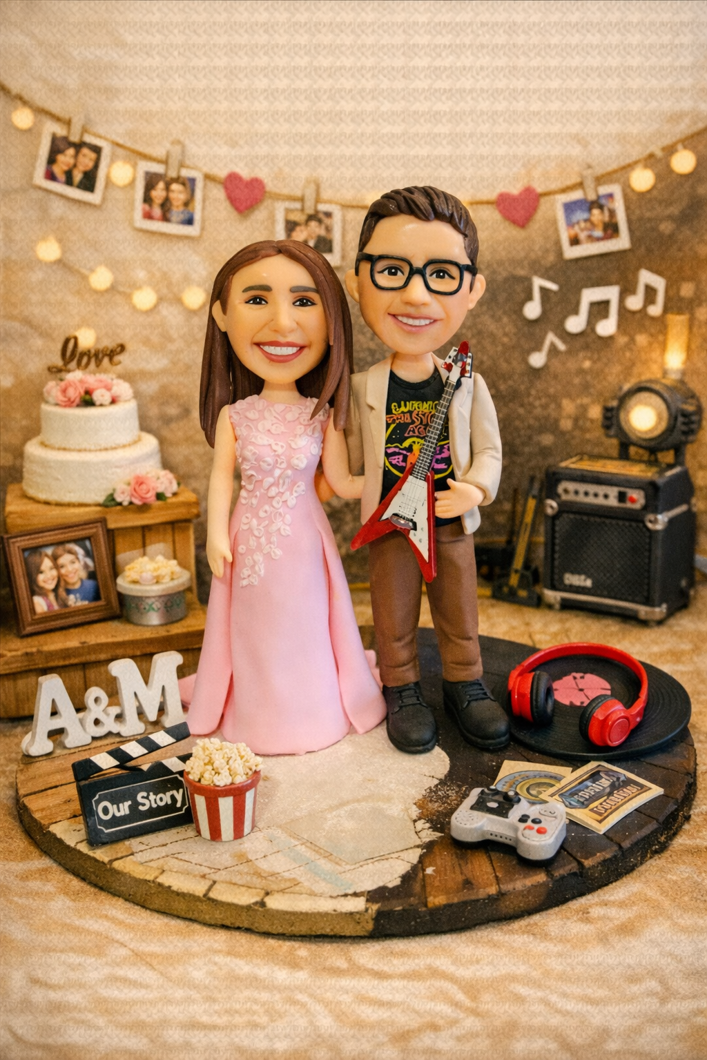 Figura personalizada de pareja para boda informal con temática musical y hobbies personalizados hecha a mano