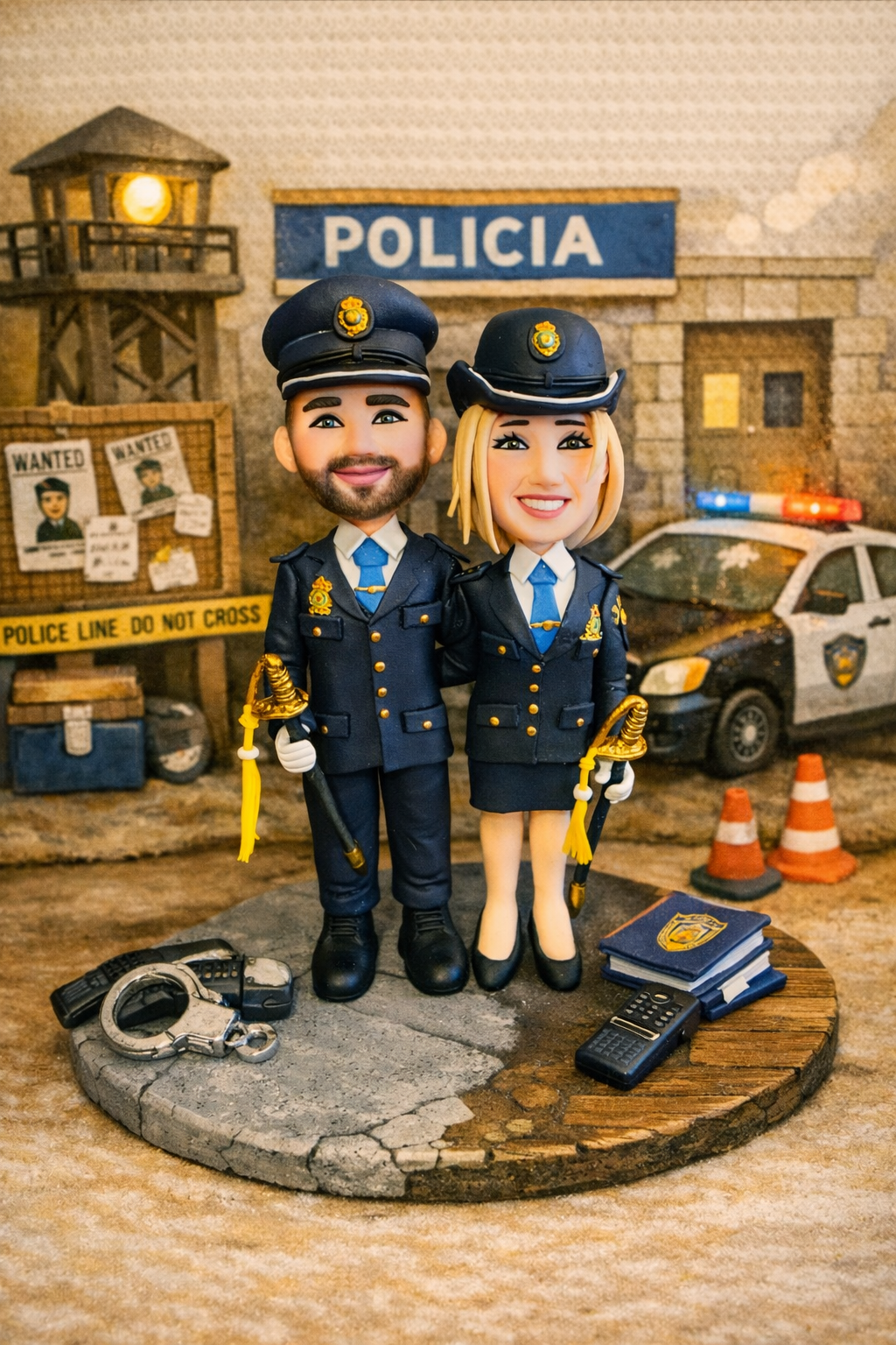 Figura personalizada de pareja policía hecha a mano con uniformes policiales y decoración temática como regalo personalizado o figura de boda