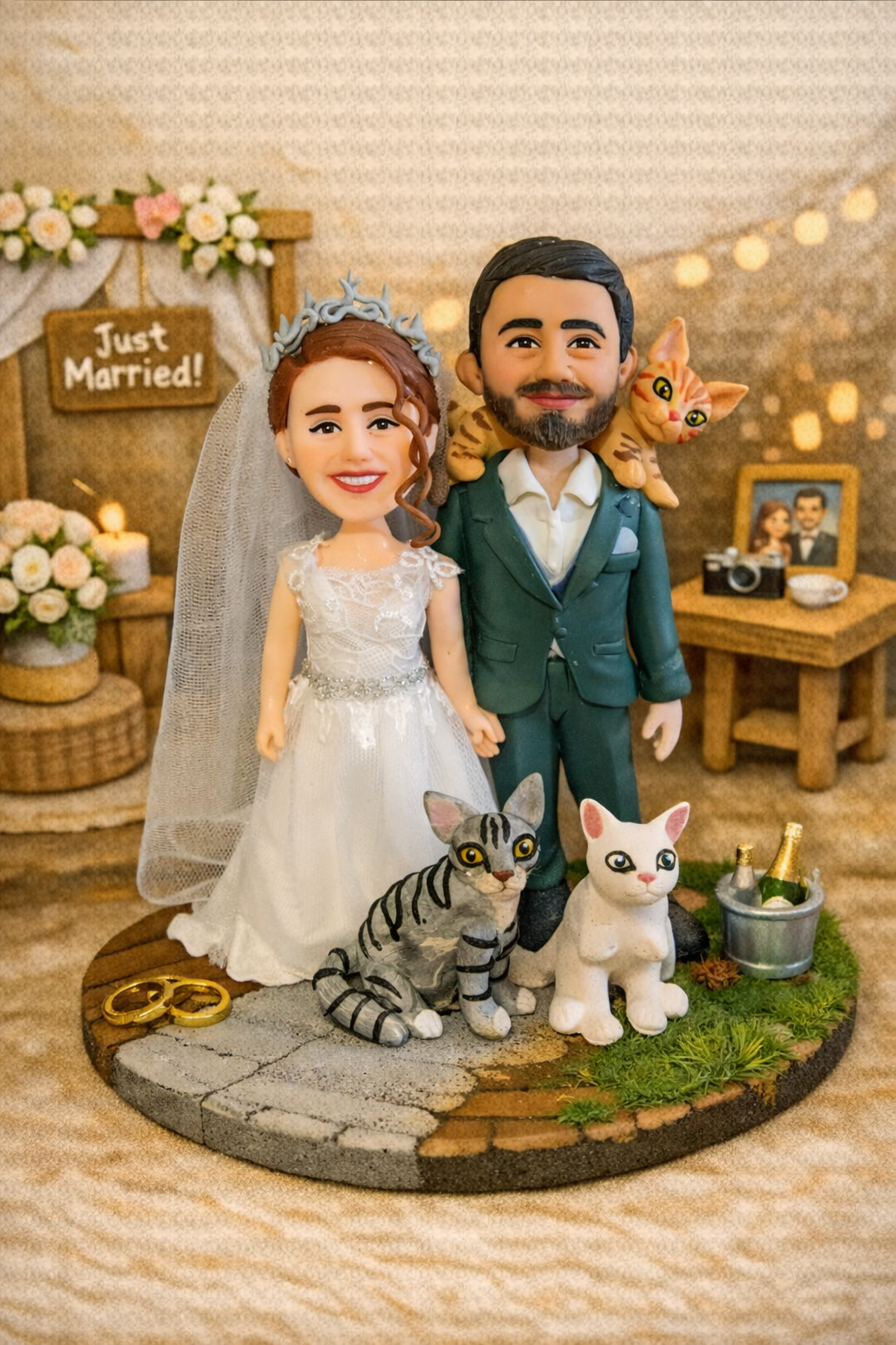 Figura personalizada de boda con pareja y mascotas hecha a mano, caricatura de novios personalizada con gatos y perro