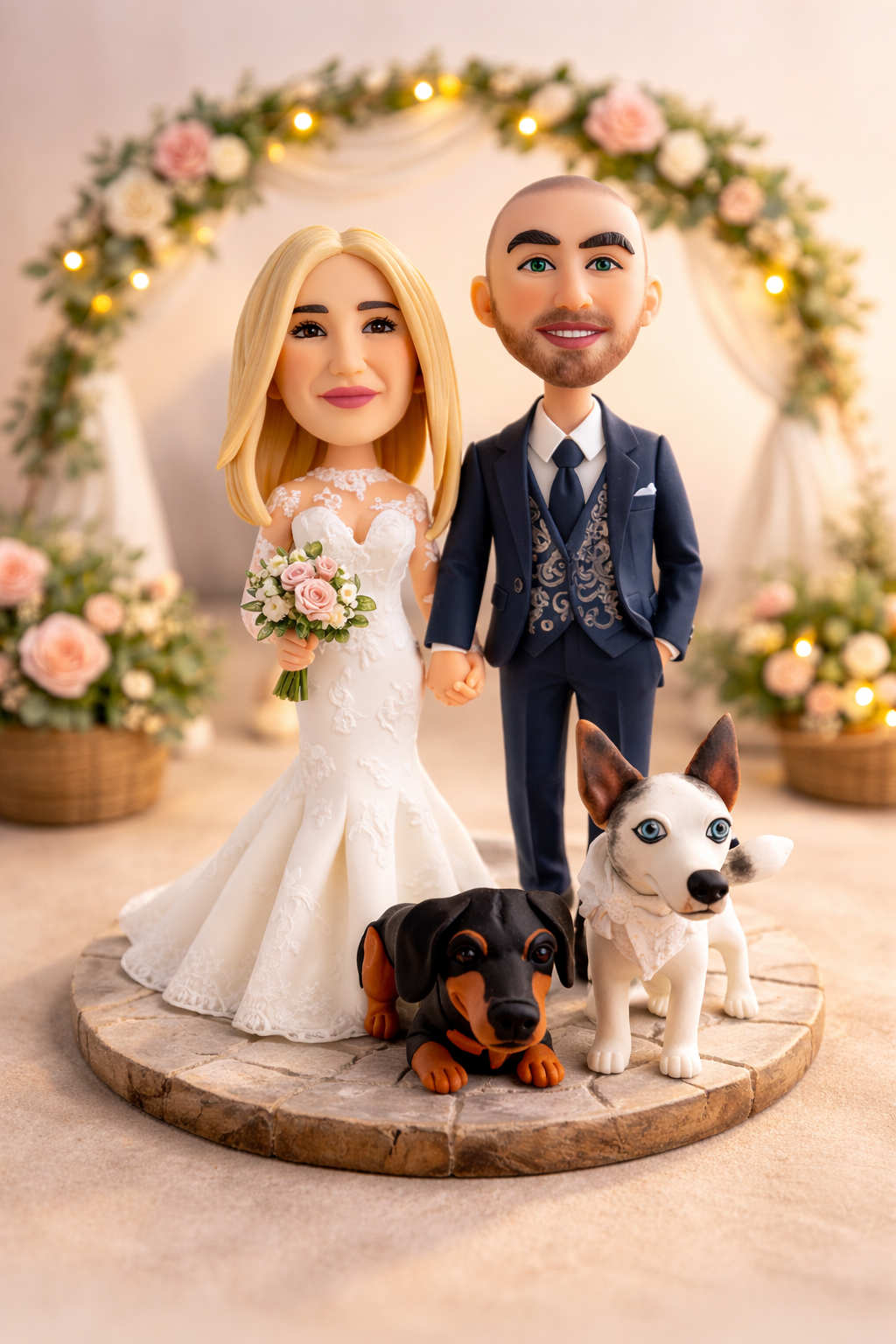 Figura personalizada de boda con mascotas y novios estilo caricatura hecha a mano