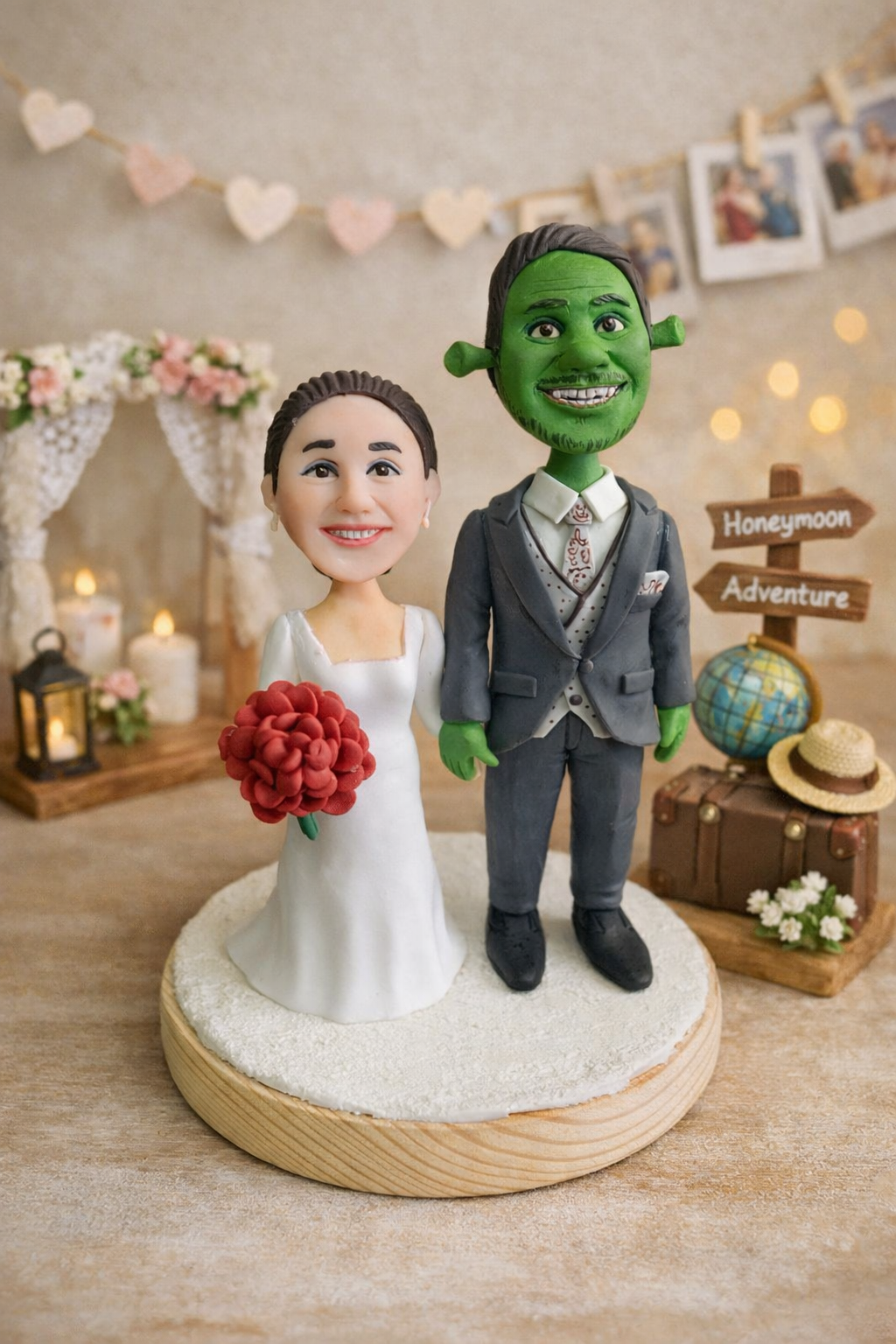 Figura personalizada de boda temática estilo ogro inspirada en cuento animado realizada a mano a partir de fotografías reales