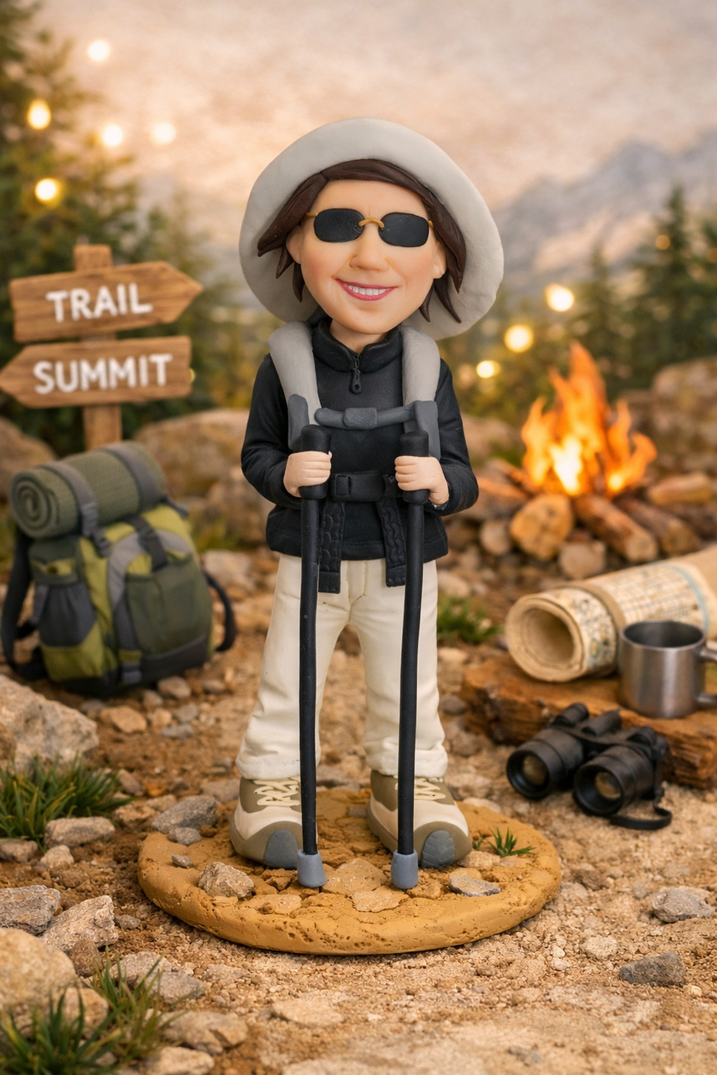 Figura personalizada de abuela senderista con mochila y bastones de montaña, caricatura hecha a mano como regalo original personalizado