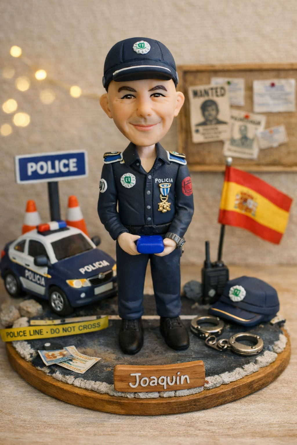 Figura personalizada de policía creada a partir de fotografías reales con uniforme policial y elementos personalizados como regalo original profesional