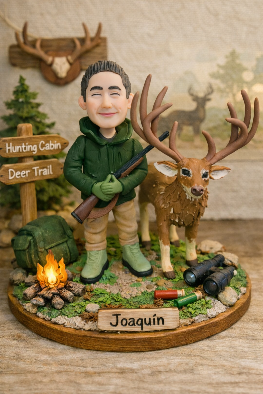 Figura personalizada de cazador con venado realizada a mano con temática de caza y naturaleza