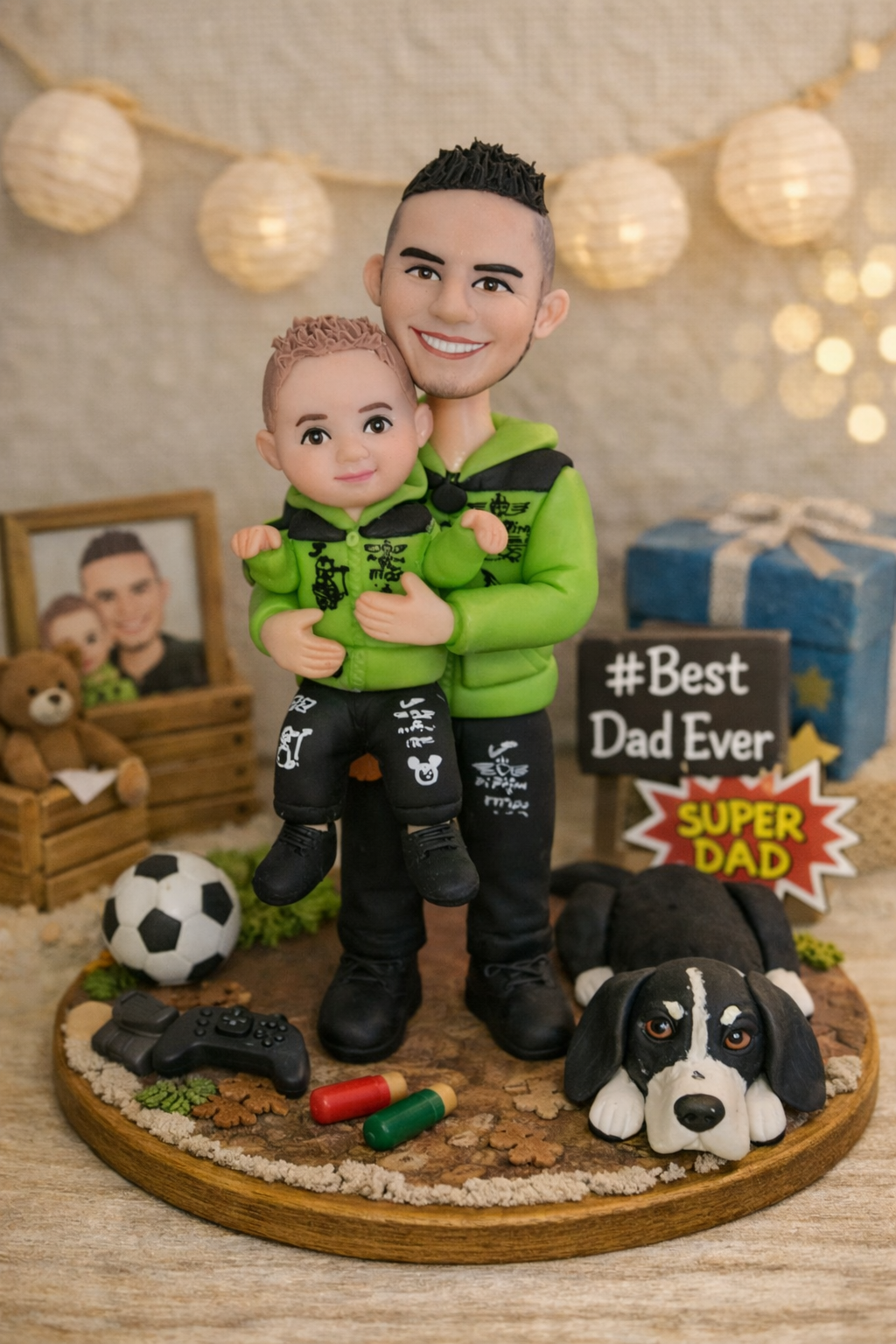 Figura personalizada de padre con bebé y mascota hecha a mano en porcelana fría regalo familiar personalizado