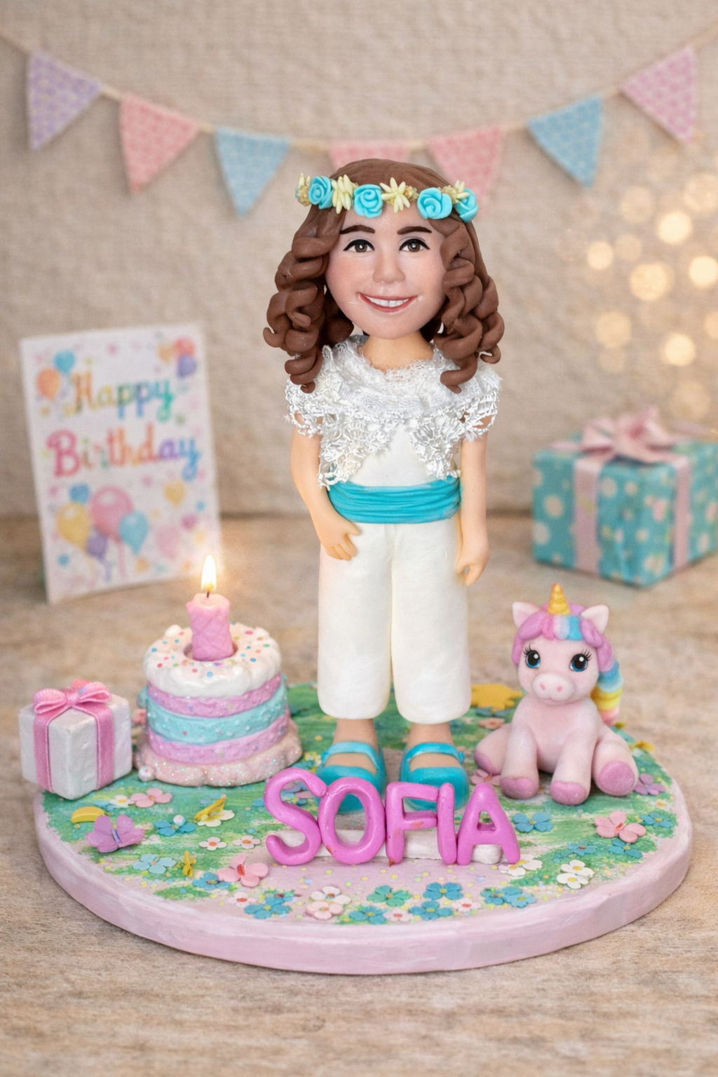 Figura personalizada de comunión para niña con temática unicornio hecha a mano en porcelana fría