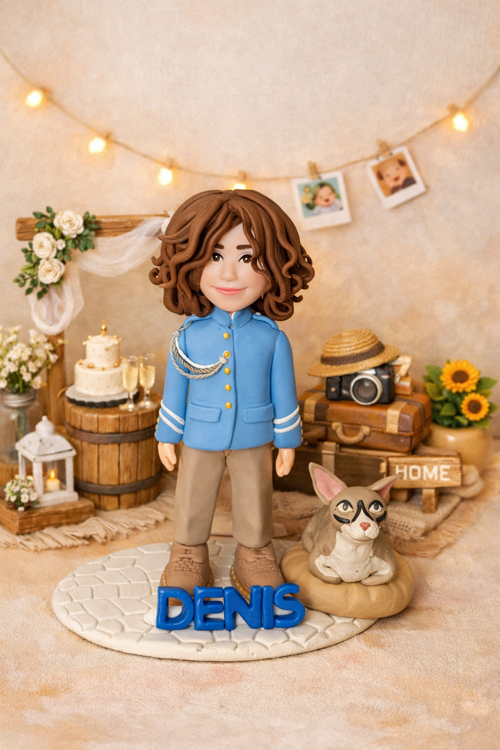 Figura personalizada de niño de comunión con gato realizada a mano a partir de fotografías reales