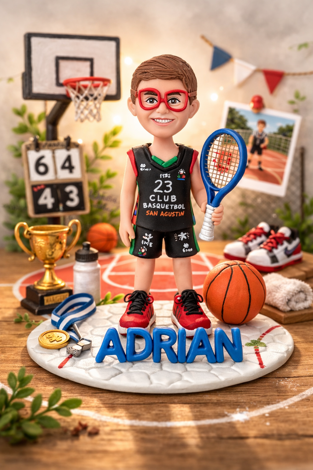 Figura personalizada de comunión niño jugador de baloncesto con balón y trofeo, caricatura artesanal hecha a mano
