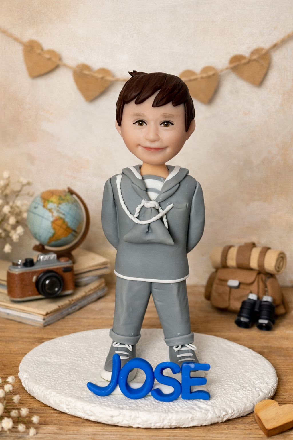 Figura personalizada de niño de comunión estilo caricatura con traje gris, recuerdo original de primera comunión hecho a mano