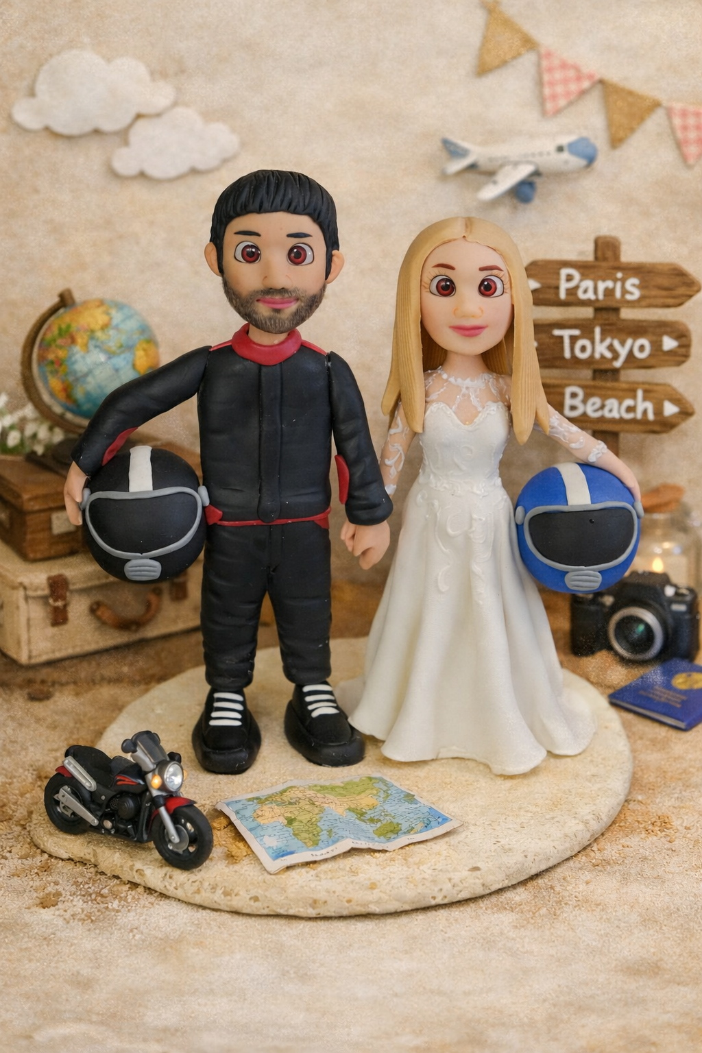 Figura personalizada de pareja de boda con temática viajes y aventura con cascos y elementos viajeros creada a partir de fotografías reales