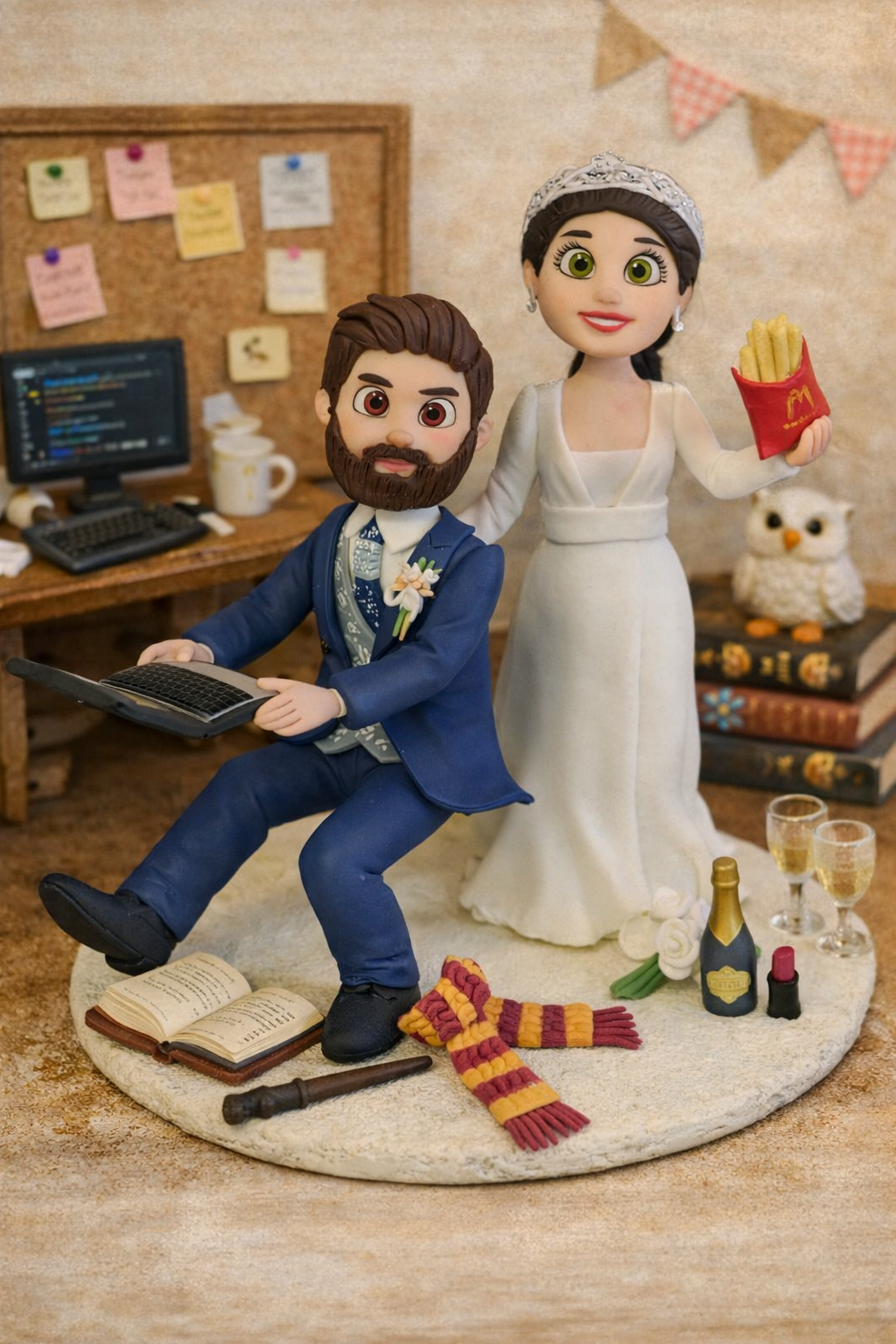 Figura personalizada de pareja temática gamer inspirada en magia y videojuegos realizada en caricatura personalizada