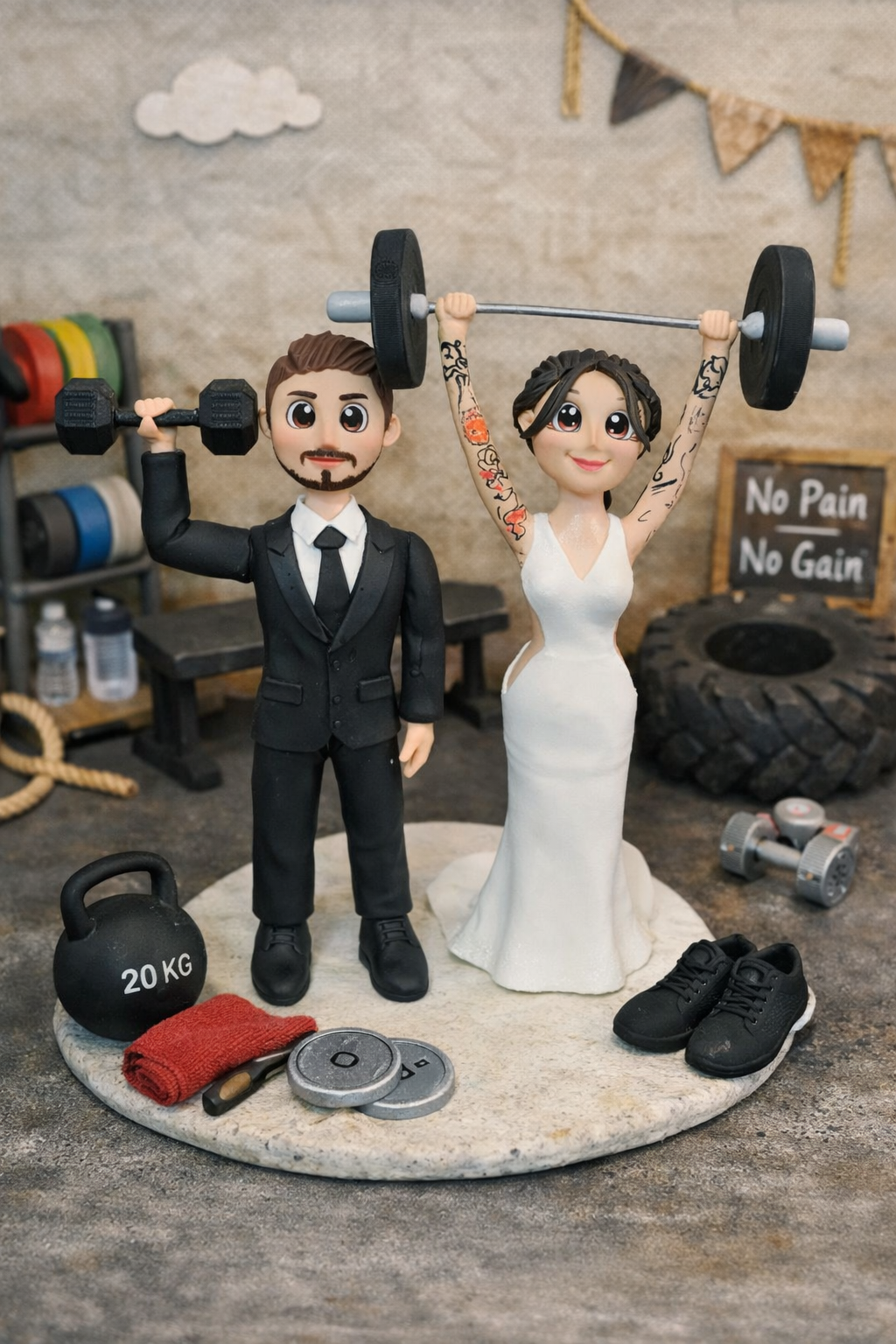Figura personalizada de pareja fitness en gimnasio levantando pesas creada a partir de fotografías reales ideal para boda o aniversario