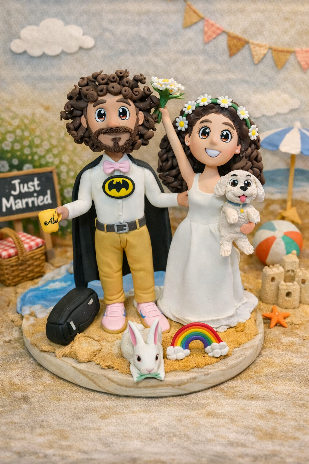 Figura personalizada de boda con pareja y perro hecha a mano en porcelana fría estilo divertido