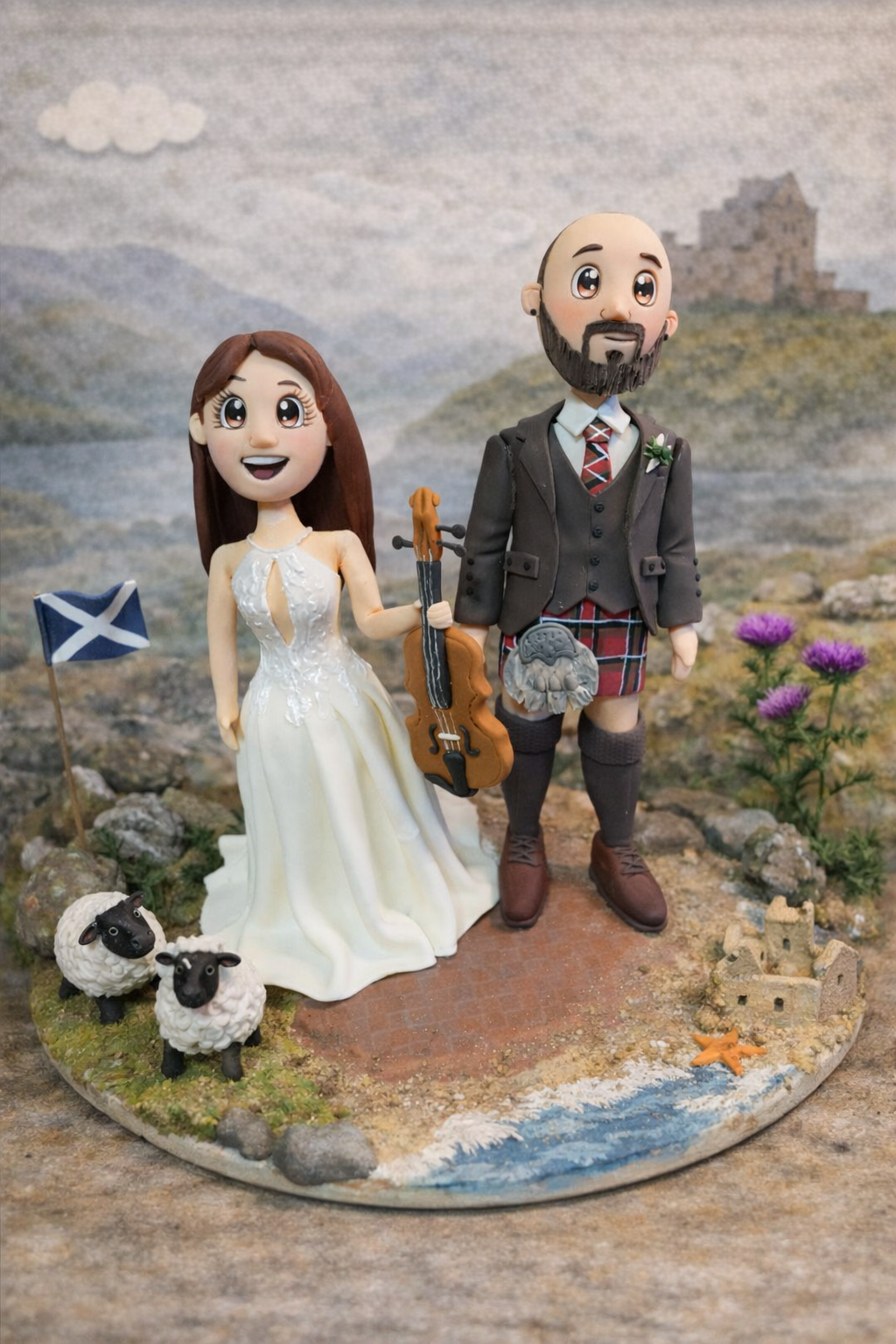 Figura personalizada boda temática escocesa pareja caricatura personalizada