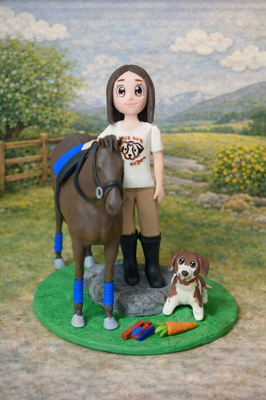 Figura personalizada de amazona con caballo y perro hecha a mano, regalo personalizado para amantes de la equitación y los animales