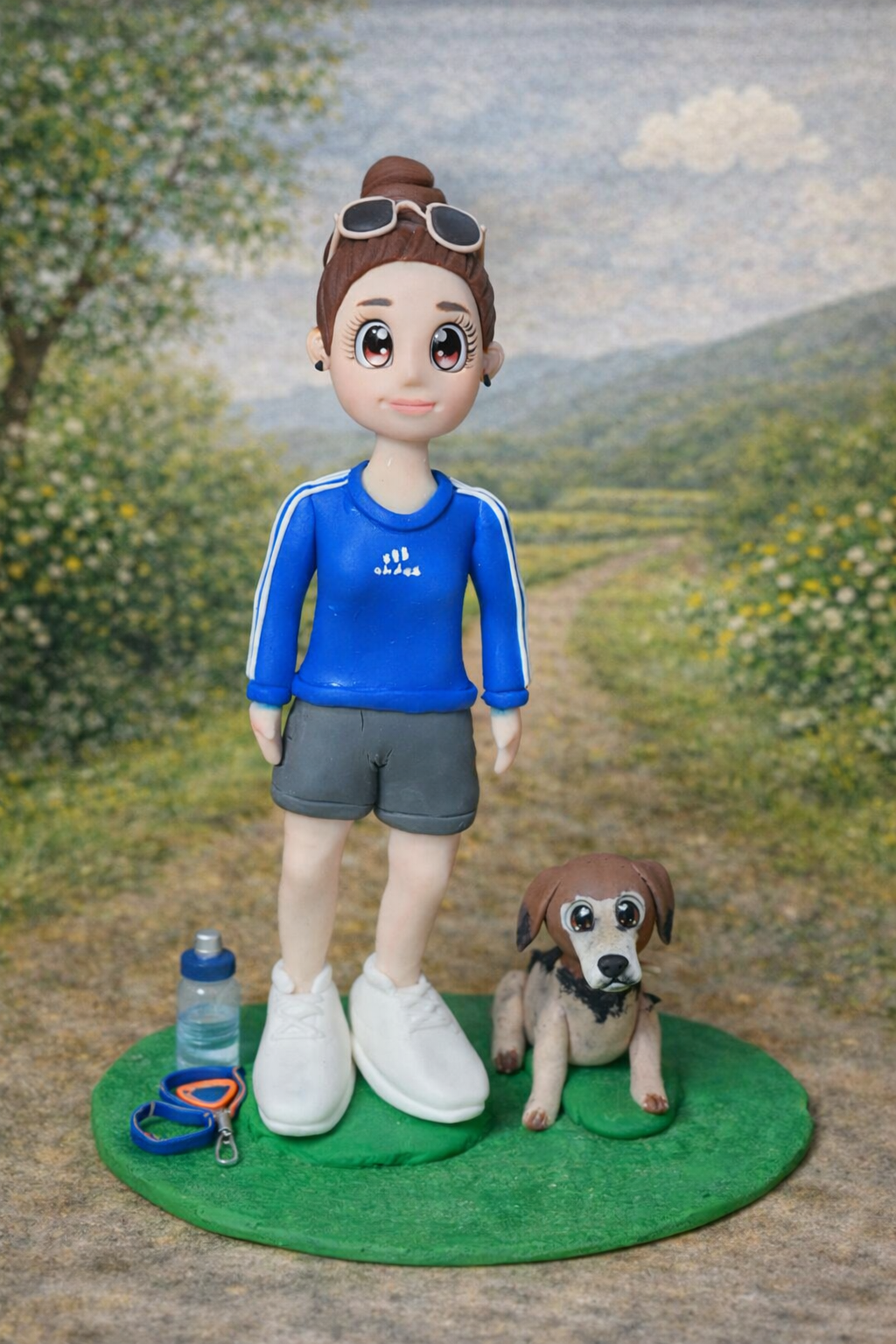 Figura personalizada de chica deportista con mascota perro estilo caricatura hecha a mano