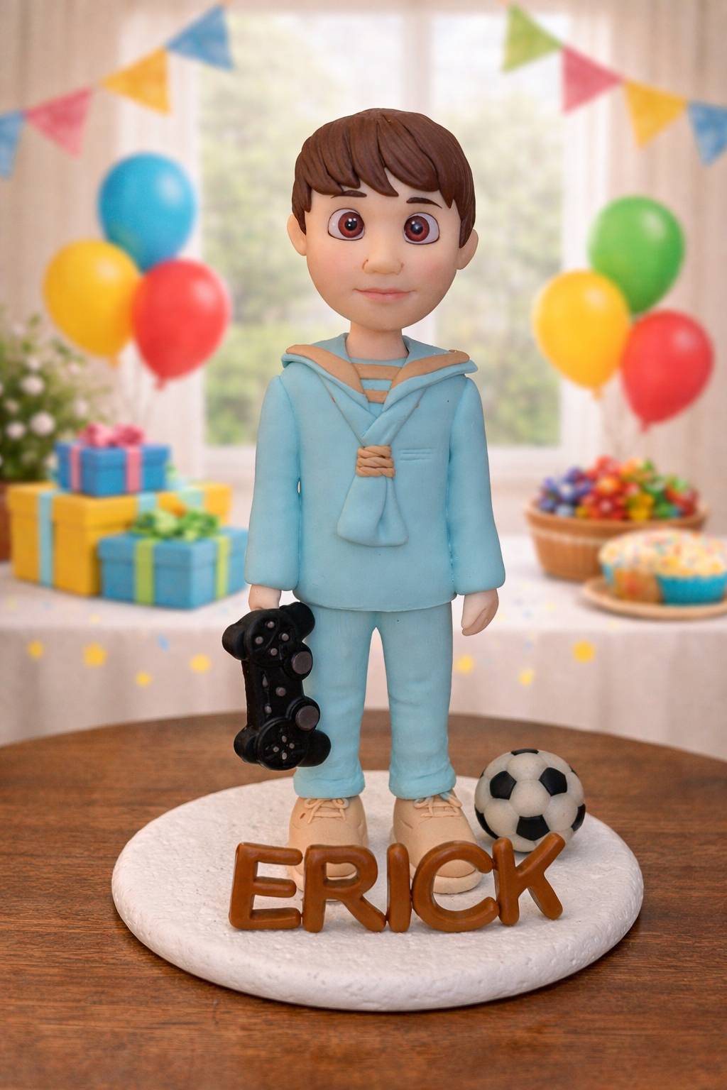 figura comunión niño personalizada con mando y balón de fútbol