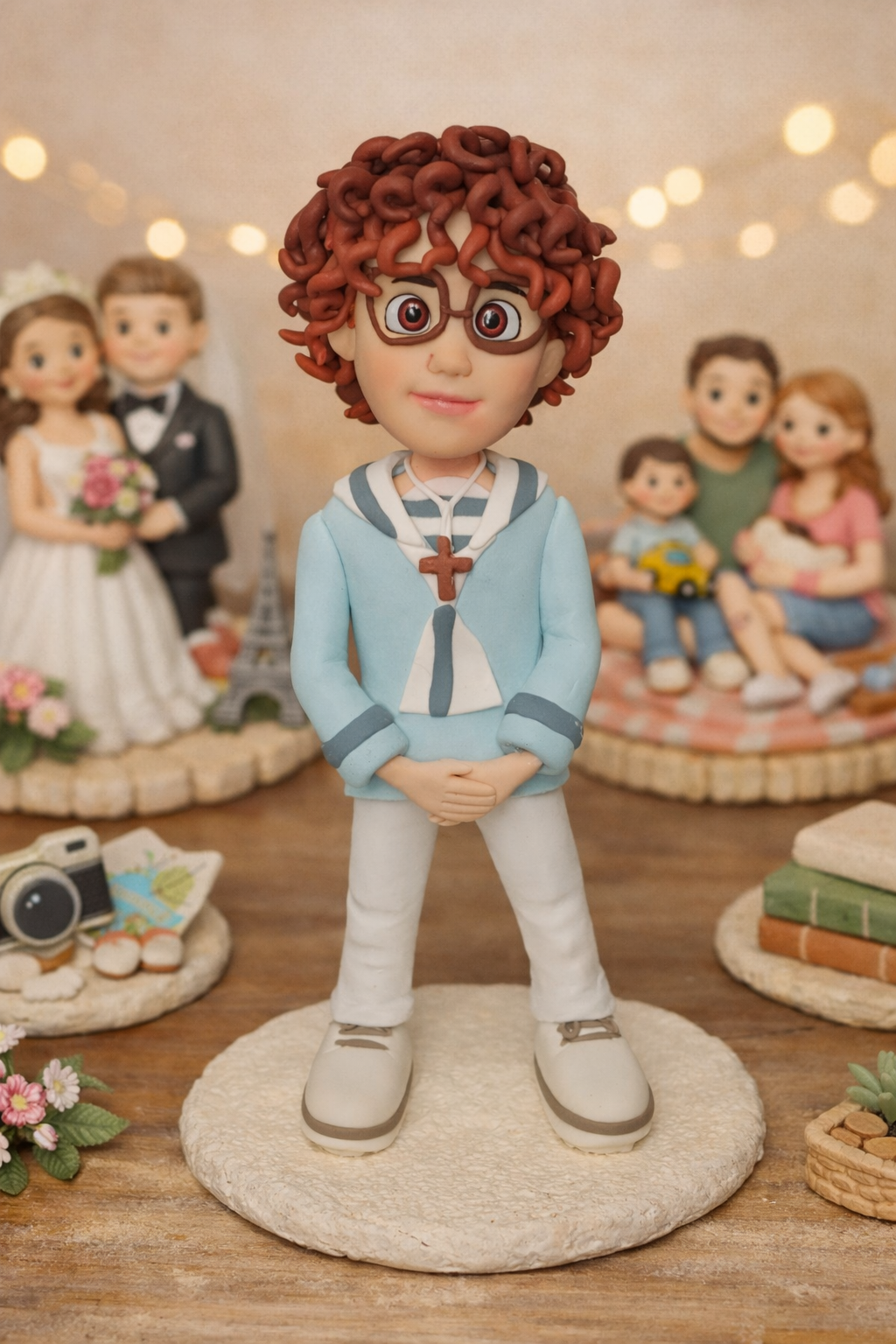 Figura personalizada de niño de comunión estilo cartoon hecha a mano con traje de comunión