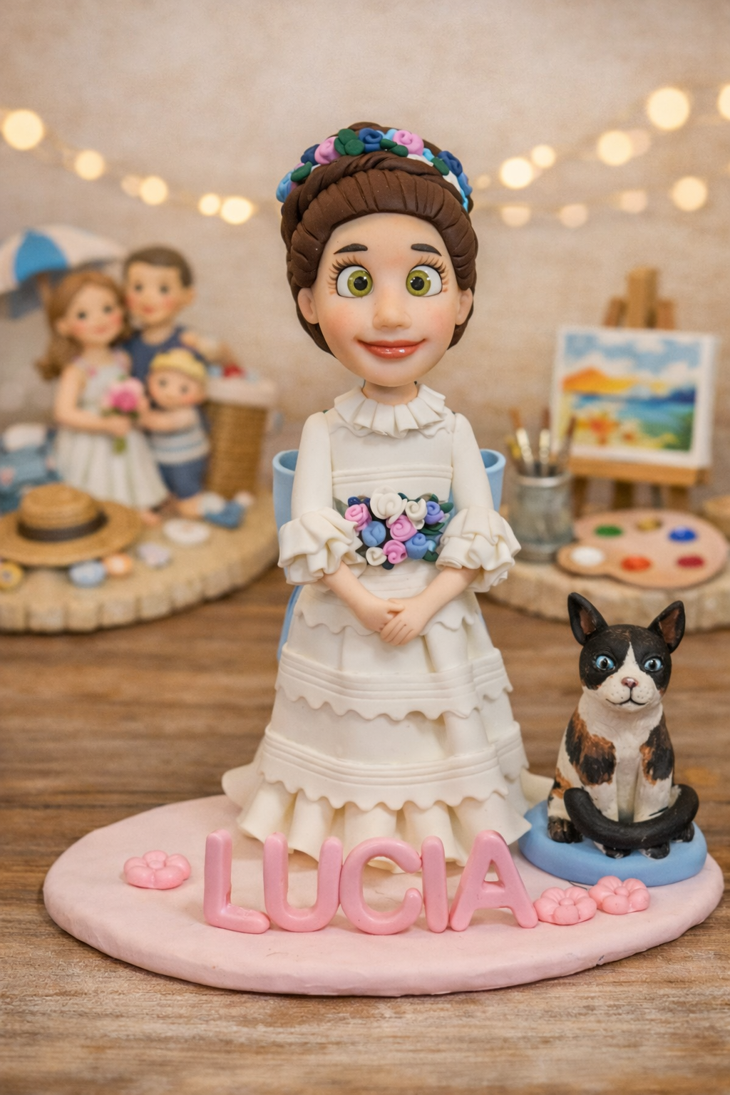 Figura personalizada de comunión niña con gato hecha a mano en porcelana fría