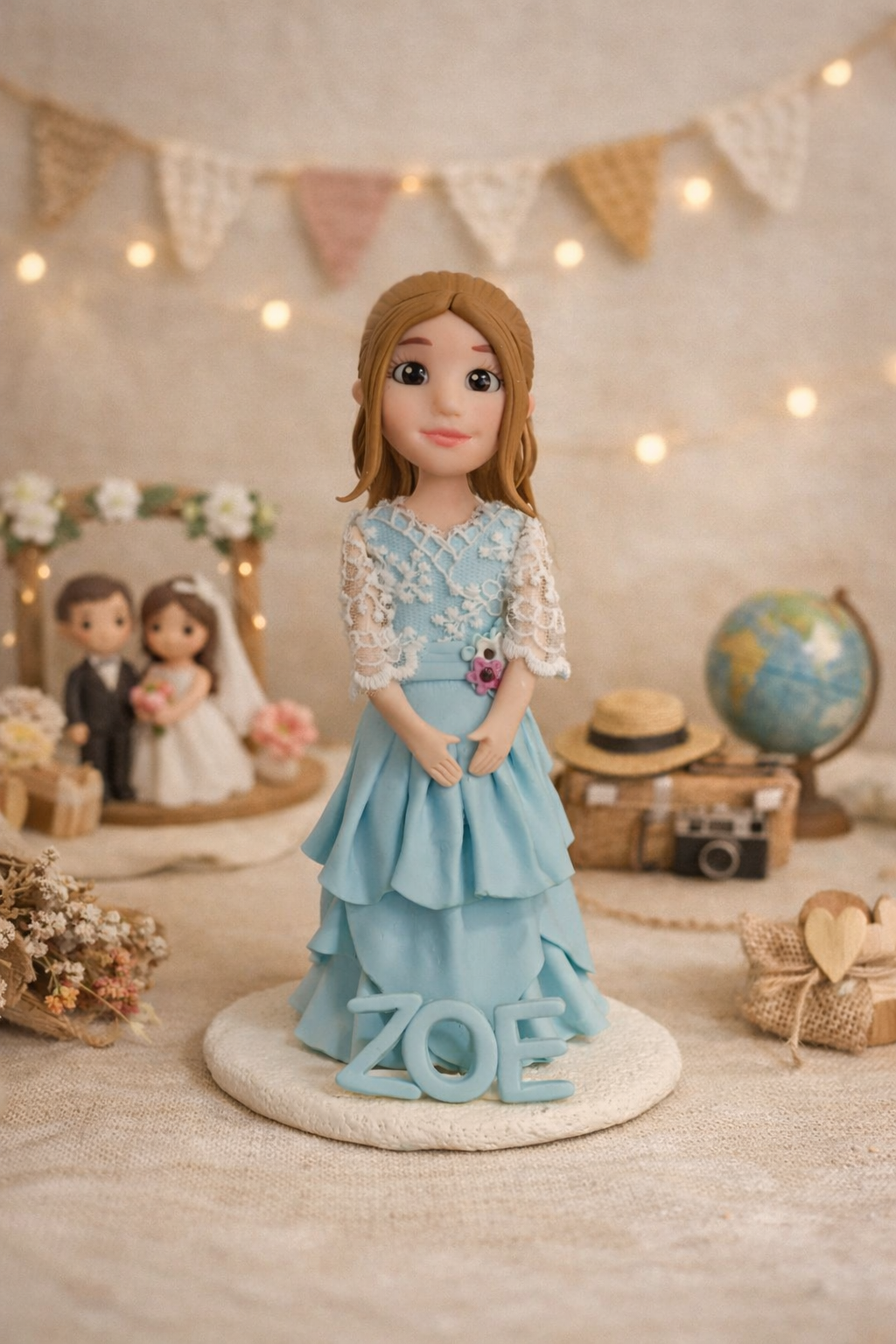 Figura personalizada de niña de comunión estilo caricatura con vestido azul hecha a mano