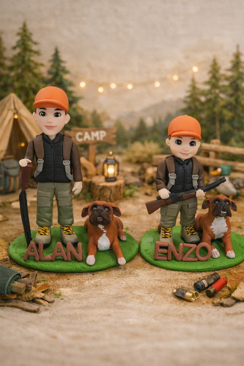 Figuras personalizadas de comunión para hermanos con perros en temática cazadores hechas a mano