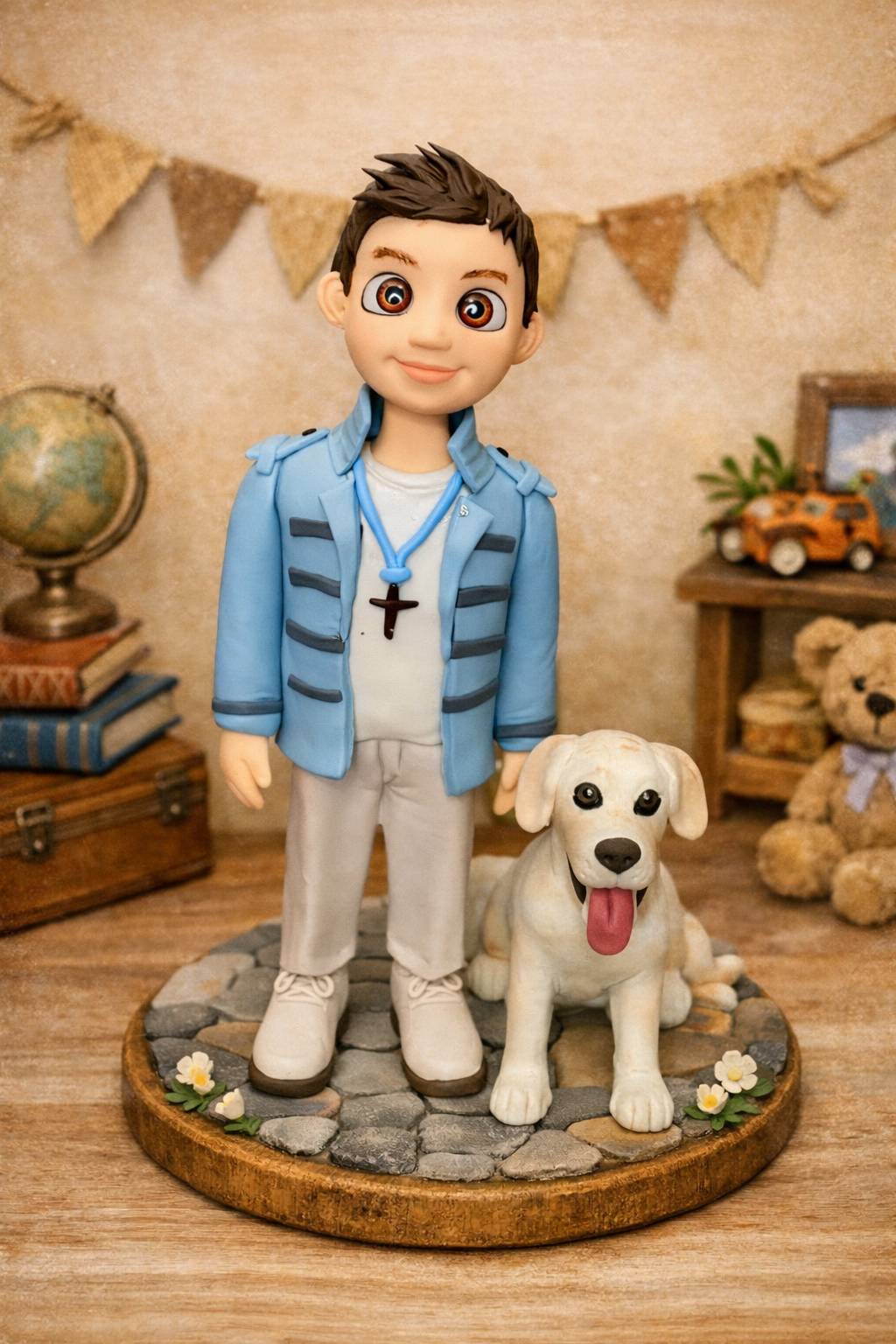 Figura personalizada de niño de comunión con perro estilo caricatura hecha a mano a partir de fotografía