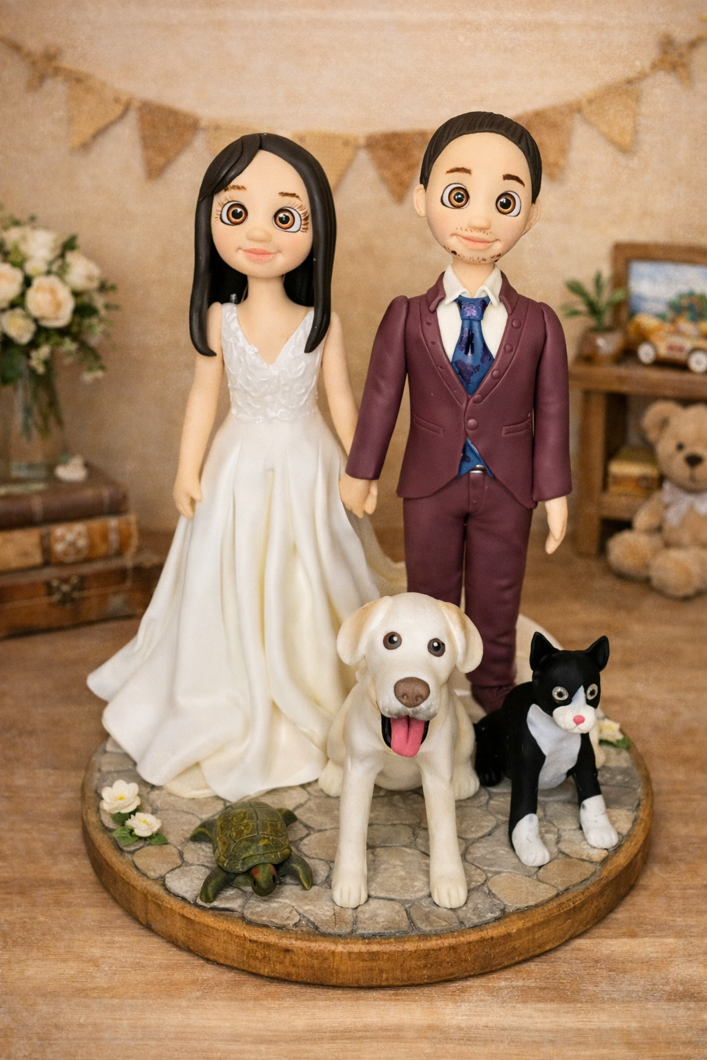 Figura personalizada de novios para boda con mascotas incluyendo perro, gato y tortuga realizada a mano a partir de fotografías reales