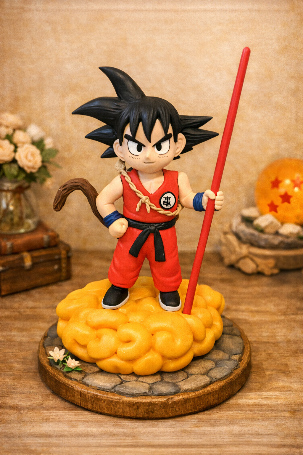 Figura personalizada estilo anime de niño guerrero sobre nube mágica para cumpleaños hecha a mano