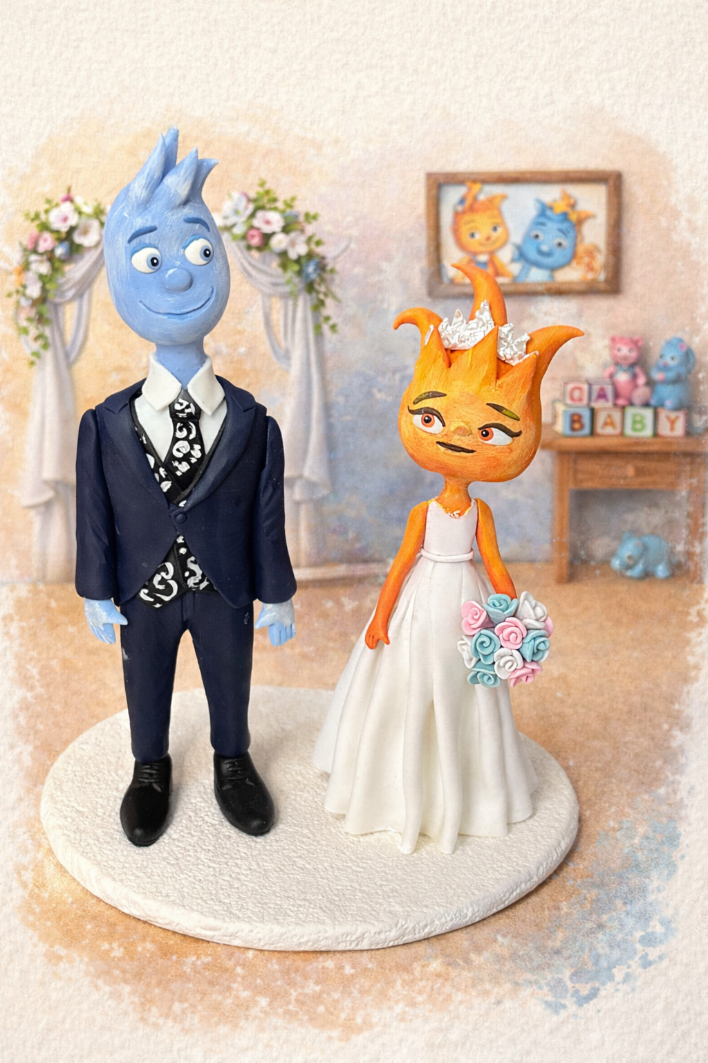 Figura personalizada de pareja temática elemental fuego y agua estilo caricatura para boda, topper original inspirado en elementos naturales