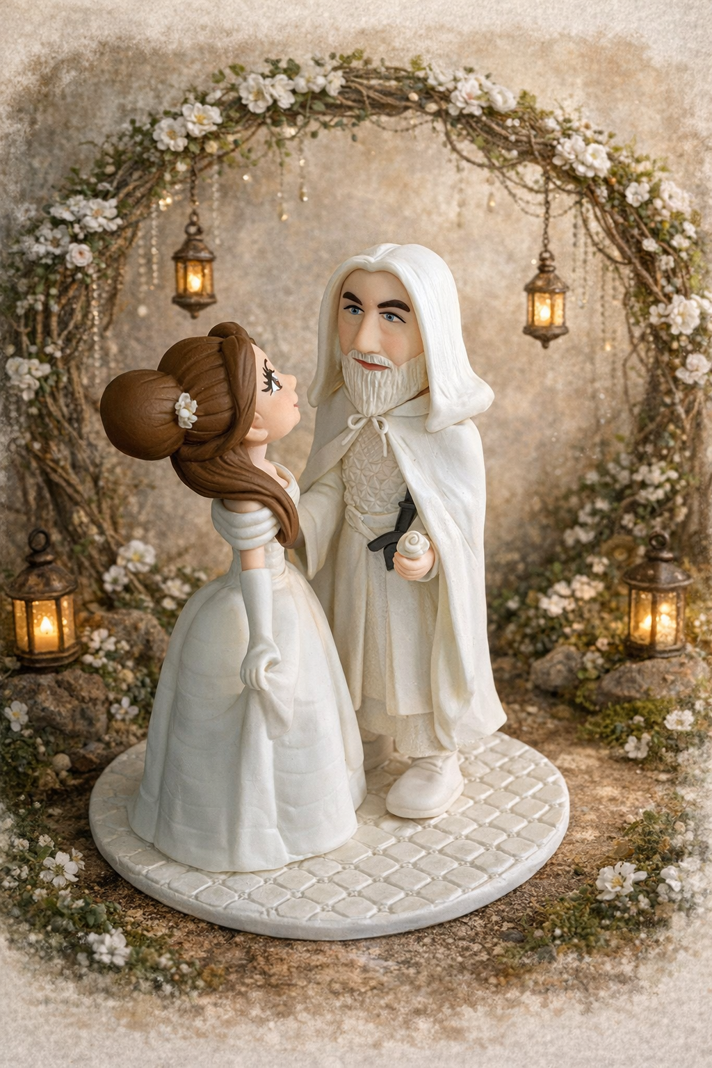 Figura personalizada de boda inspirada en Bella y Gandalf estilo fantasía hecha a mano