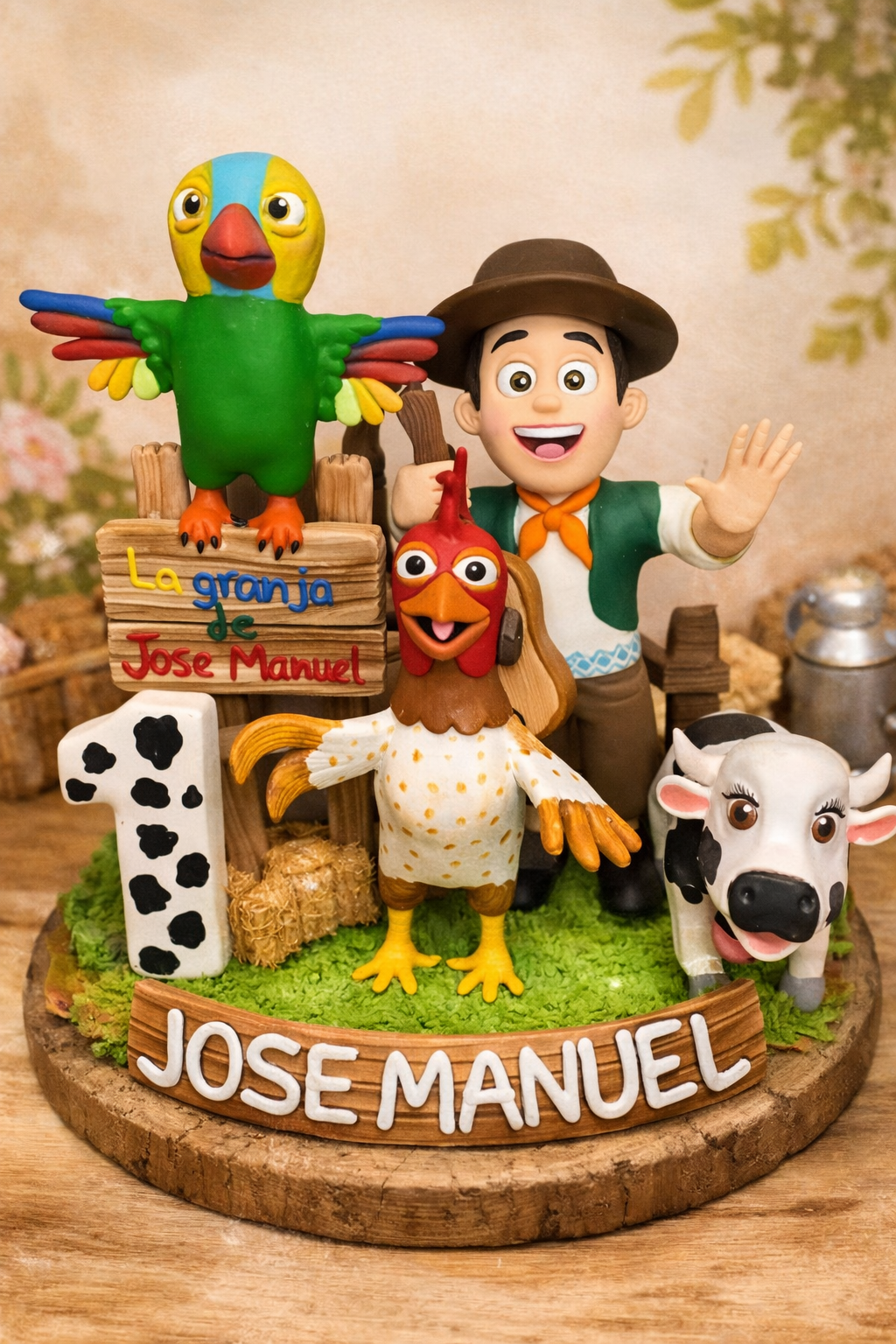 Figura personalizada infantil temática granja con niño, animales y decoración de cumpleaños hecha a mano