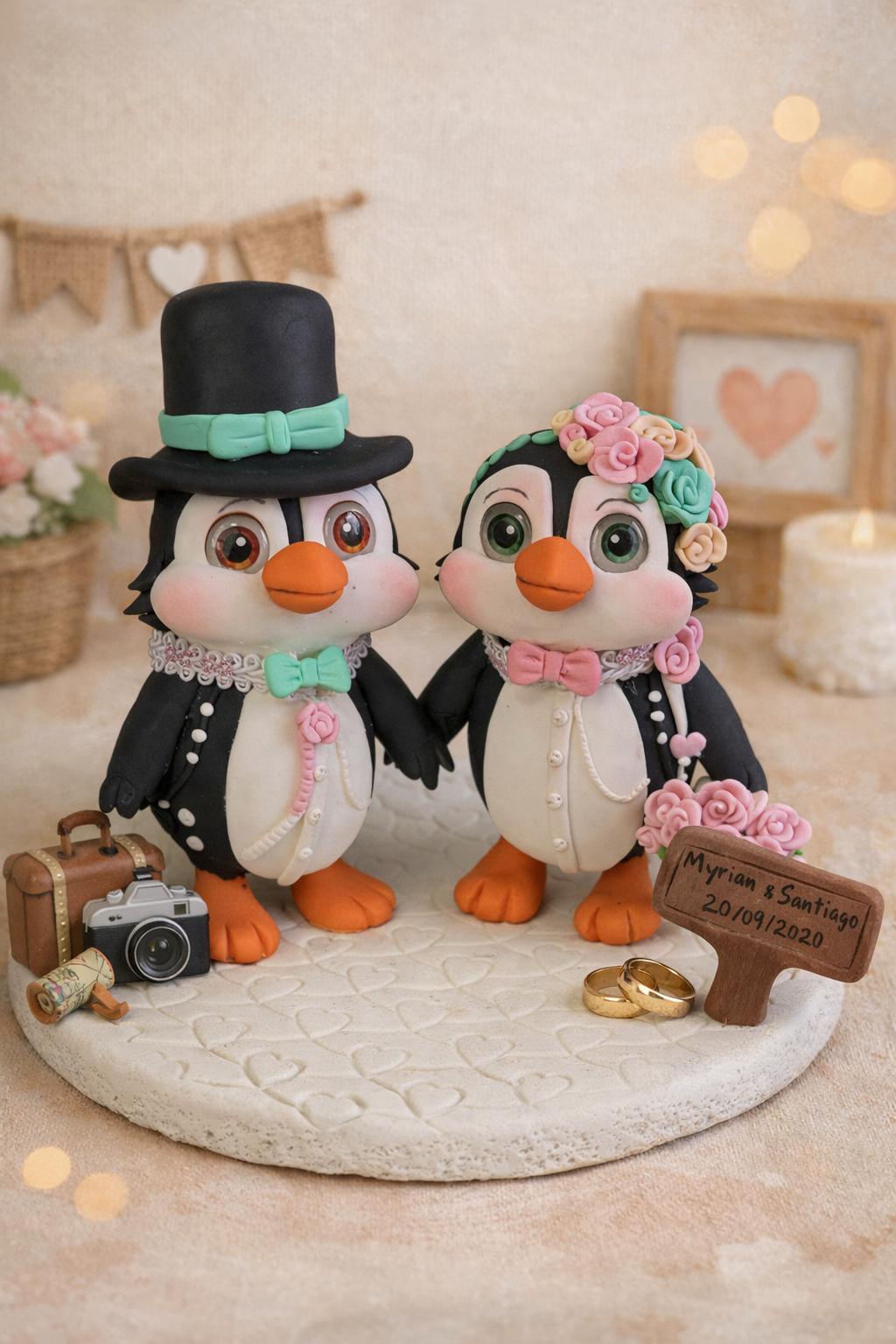 Figura personalizada de pareja pingüinos románticos vestidos de boda, caricatura artesanal hecha a mano como regalo original para parejas
