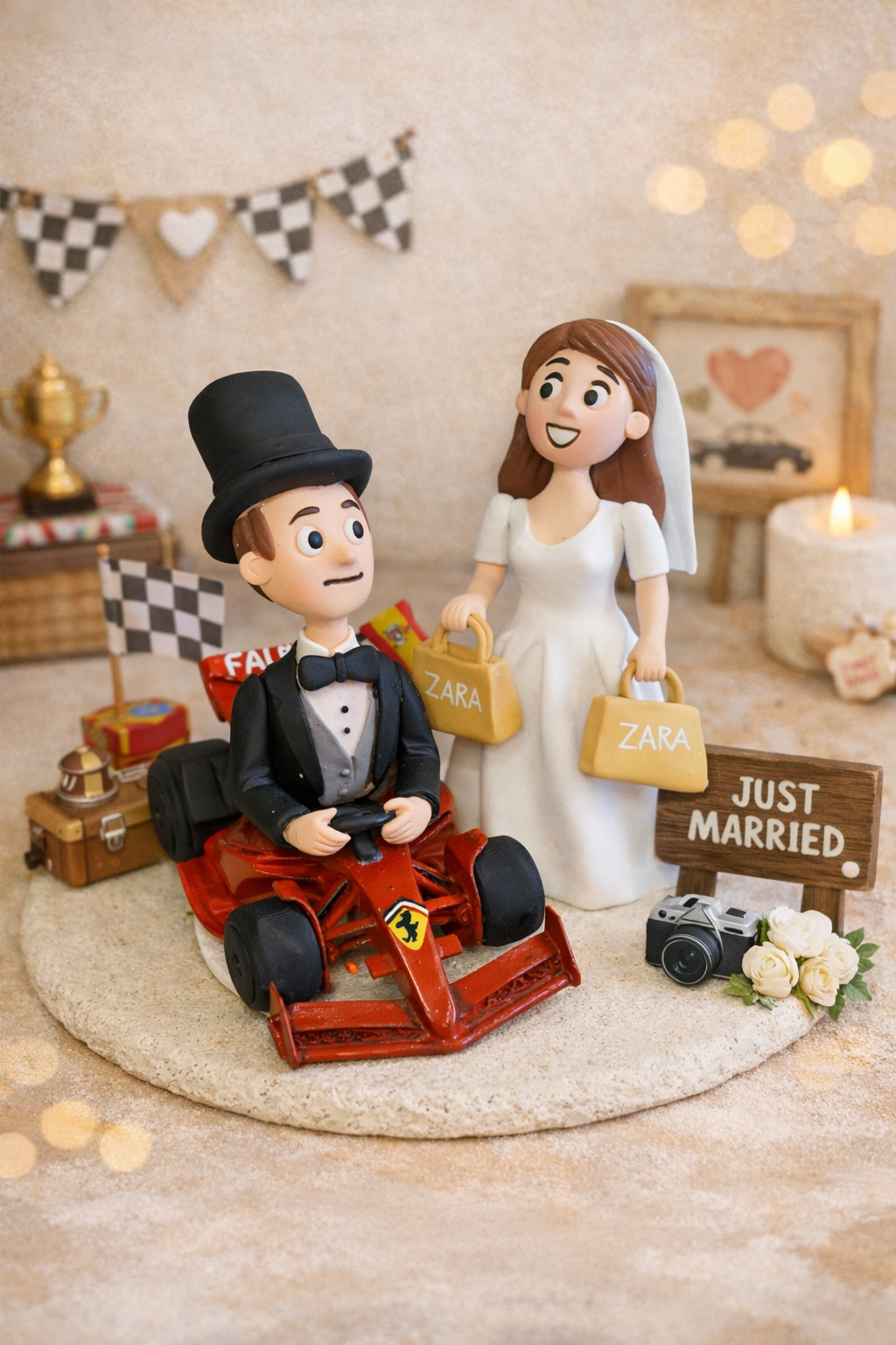 Figura personalizada de boda con novios en coche deportivo rojo estilo Ferrari hecha a mano