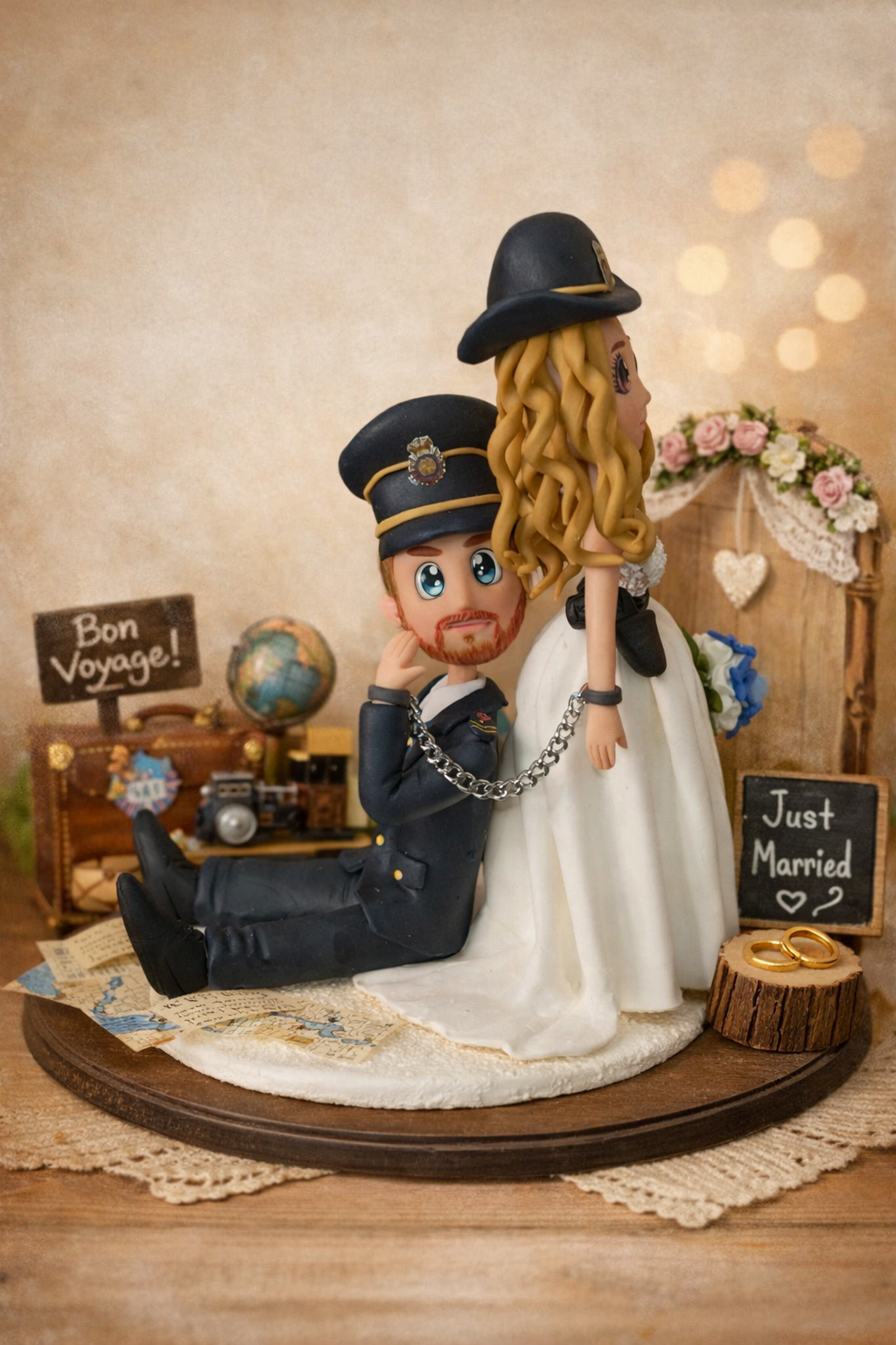 Figura personalizada de boda policía divertida hecha a mano, pareja de novios caricatura con uniforme policial