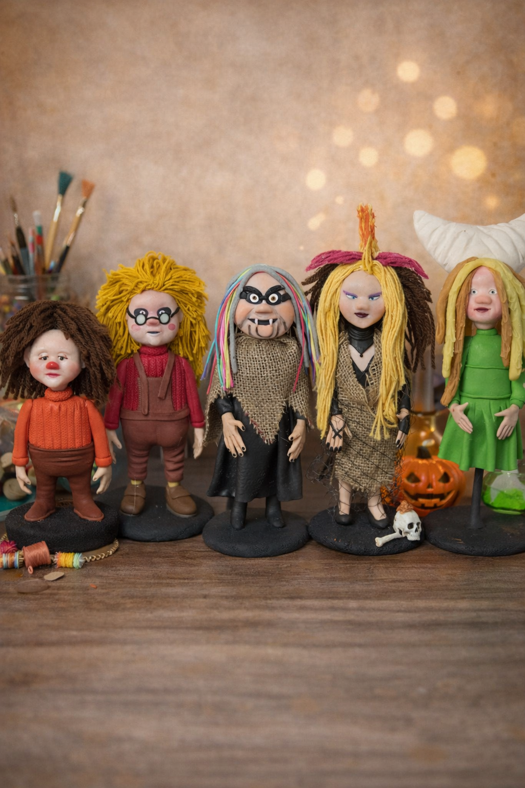 Colección de figuras personalizadas estilo fantasía retro inspiradas en personajes mágicos ochenteros hechas a mano