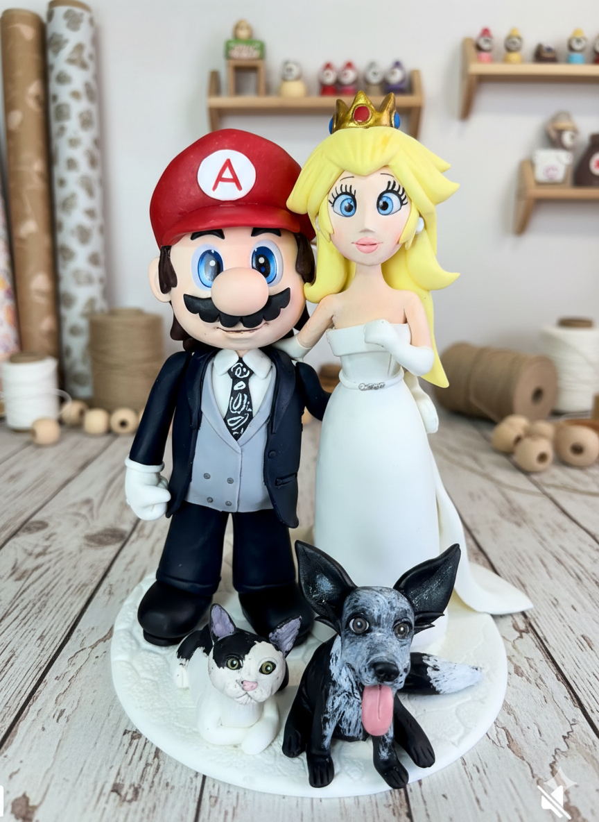 figura personalizada de boda temática videojuegos estilo mario pareja personalizada con mascotas topper boda original