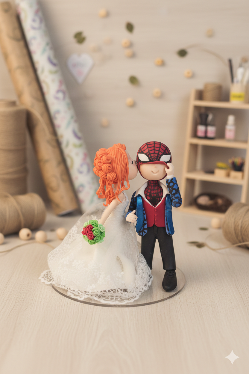 Figura personalizada de boda temática superhéroe estilo cómic hecha a mano con pareja de novios